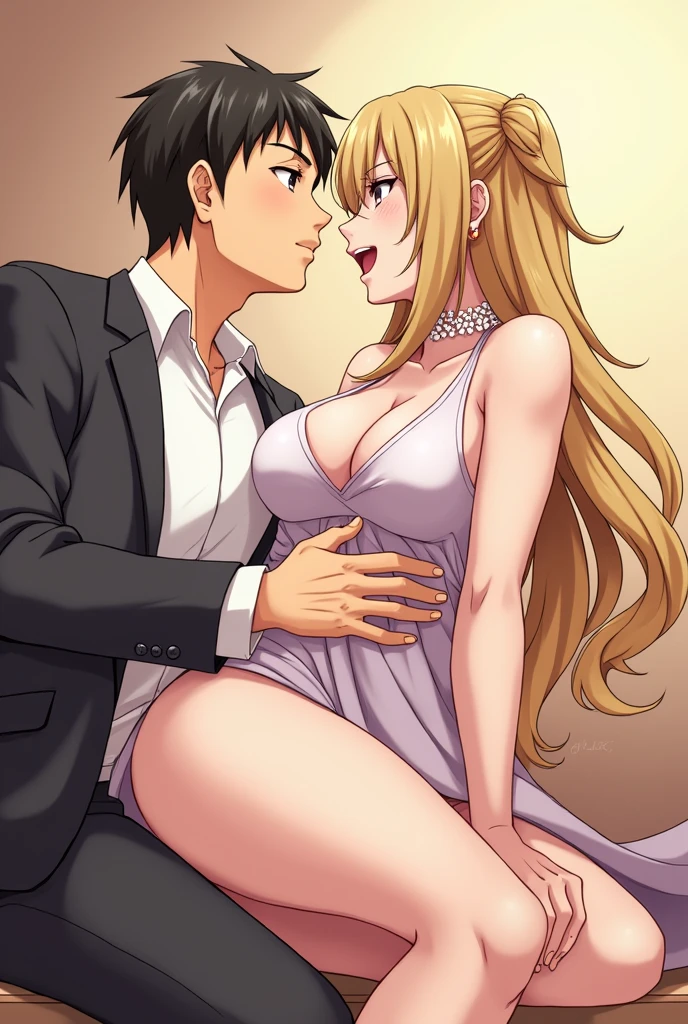 Guy licking a busty blonde anime girl's ass