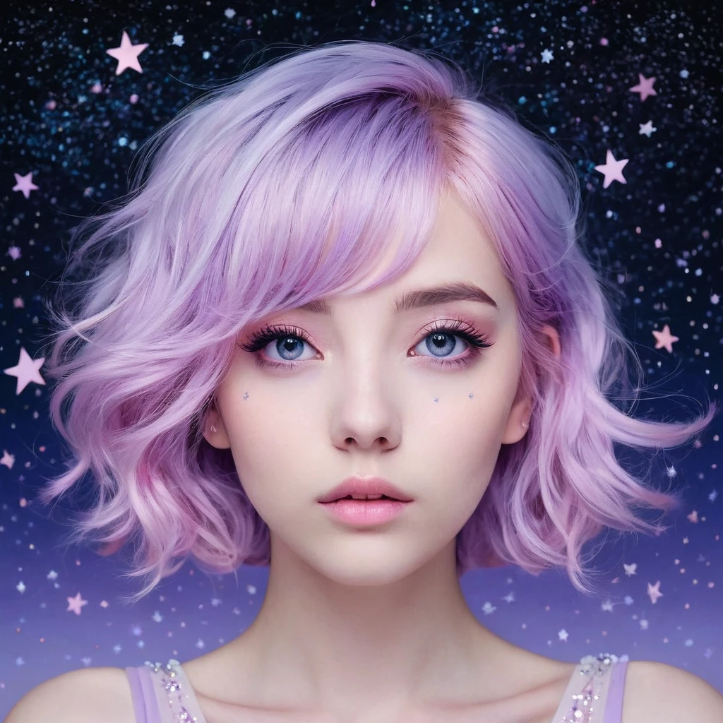 ((masterpiece,best quality)),(negative space:1.4),(1girl, solo:1.4),beautiful detailed eyes,floating pastel pink and lavender hair, lavender eyes, at night, starry sky, stars shining