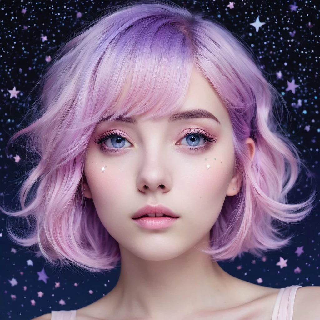 ((masterpiece,best quality)),(negative space:1.4),(1girl, solo:1.4),beautiful detailed eyes,floating pastel pink and lavender hair, lavender eyes, at night, starry sky, stars shining