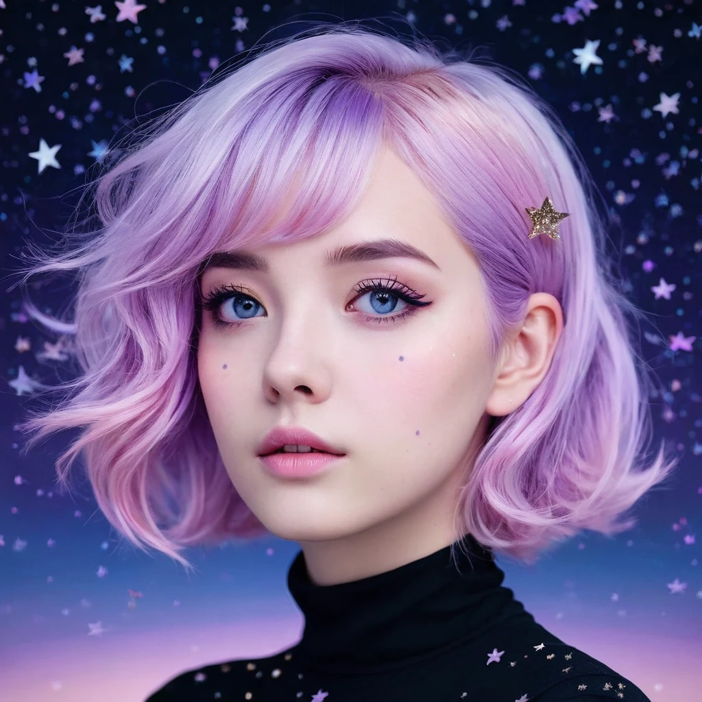 ((masterpiece,best quality)),(negative space:1.4),(1girl, solo:1.4),beautiful detailed eyes,floating pastel pink and lavender hair, lavender eyes, at night, starry sky, stars shining