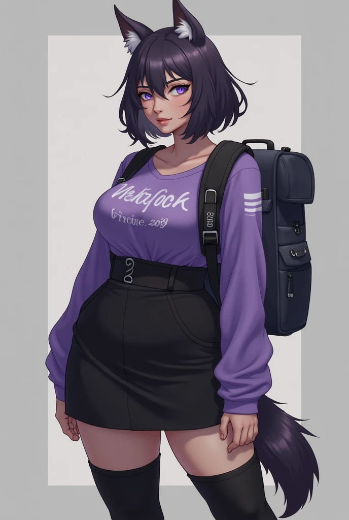She has a voluptuous and curvy body, with a presence that draws attention. His eyes are particularly striking, with heterochromia that gives it a mysterious touch: One is a deep lilac, while the other is a deep blue. Her short, silky hair reaches her shoulders., framing your face with grace. The wolf ears he has give him a wild and enigmatic air., and a long, soft wolf tail extending behind her, completing his semi-beast appearance.
She wears a black jumpsuit that covers her body from head to toe., but stands out with a short lilac sweatshirt with white details that adds a touch of color and personality. A black skirt completes her outfit, and her long black knee-high boots give her an air of adventure.. He carries a white backpack in the shape of a cat, who seems to be his faithful traveling companion."