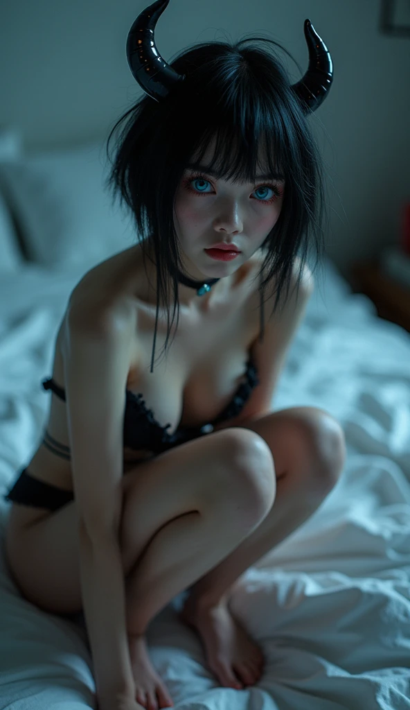 20 yo, 20yo, ((extra short hair, sidelocks-hair, 1 Girl)), Ultra High Resolution, (Realistic: 1.4), RAW Photo, Best Quality, (Photorealistic), Focus, Soft Light, from top. masterpiece. highly detailed, uhd, 4k, render. shiny skin. cinematic lighting. 35 mm, dynamic lighting, facial makeup,adorable,Moe girl,colorful makeup,trinkets, (black hair), (blue eyes),succubus, Hairstyle with two pigtails, (((standing pose facing the observer))) , (very tiny horns), ((happy facial expression:1.5)), (nude), squating, legs open, shaved, sexy outfit, ((kink collar)), bdsm, bdsm outfit, small elf ears, pale skin, ((full shot)), (frontal shot), monochrome background, bedroom, better framing, magic aura, no panties.