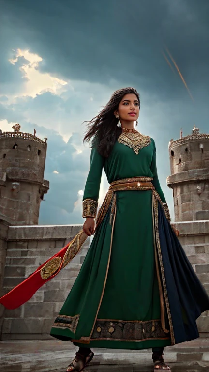 Visualize Razia Sultana, a determined and fierce woman, standing at the gates of a grand fortress. A stormy sky above her mirrors the turmoil in her life as she faces challenges and obstacles on her path to rule the Islamic empire in India. Lightning flashes, emphasizing the turbulent nature of her ascent.