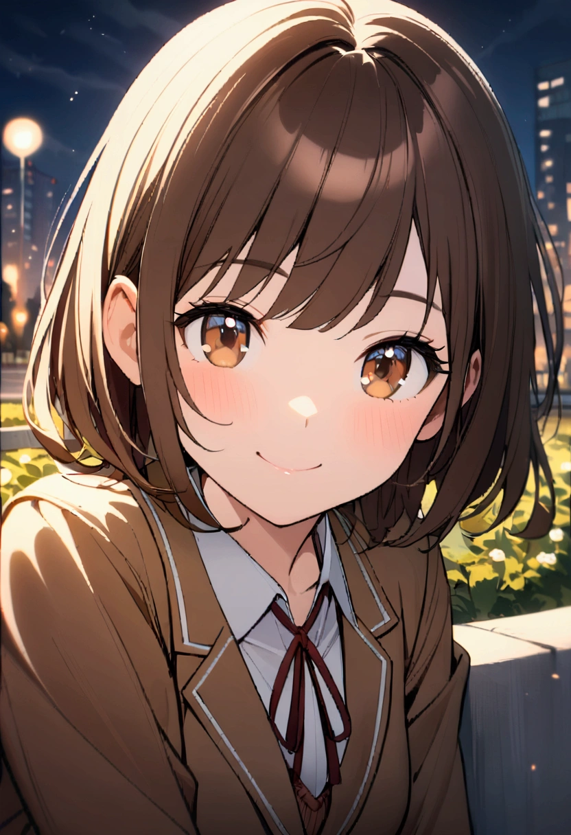 1 girl, brown eyes, short brown hair, school uniform, sit and relax on the city park, cute smile face
