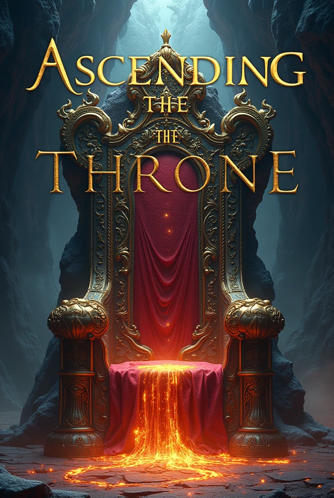 The cover of a book.
At the top center you will find the title of the book that will be: Ascending the Throne. Written in golden letters In the center of the cover a Throne made of volcanic rock and precious stones.
Below the cover in the center will be the title of the author who is: Juan Aldana. Written in the same golden letters.