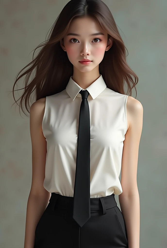 (photorealism:1.2), a young woman with brown hair, wearing a white sleeveless blouse and black pants and a black tie.
