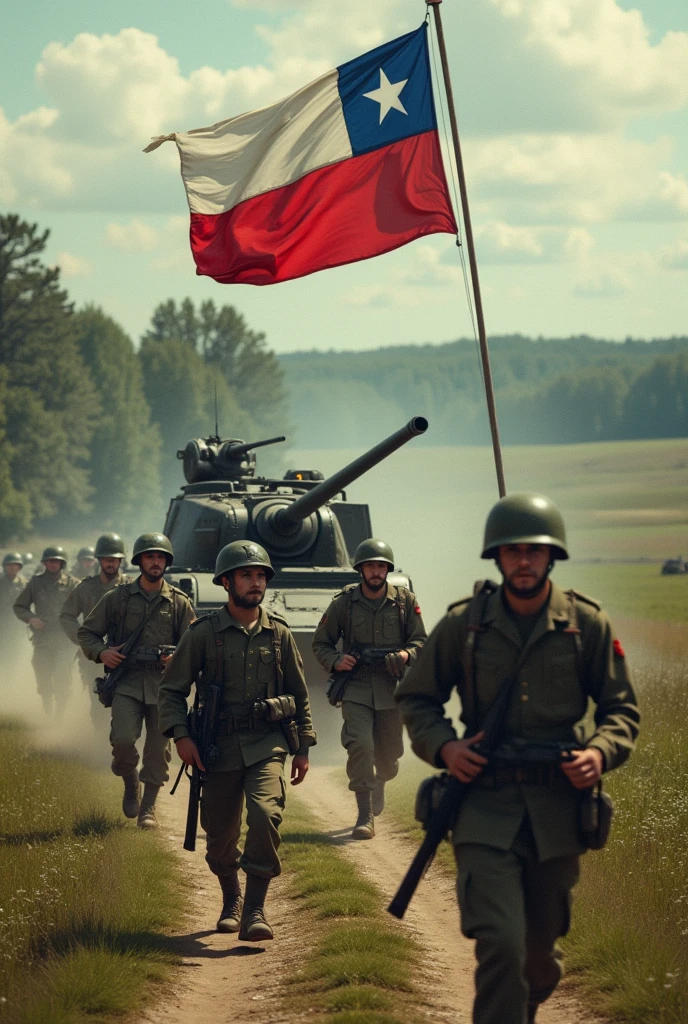 Chilean soldier and tanks invading the United States, flag, cross of Burgundy, 1949, North Carolina