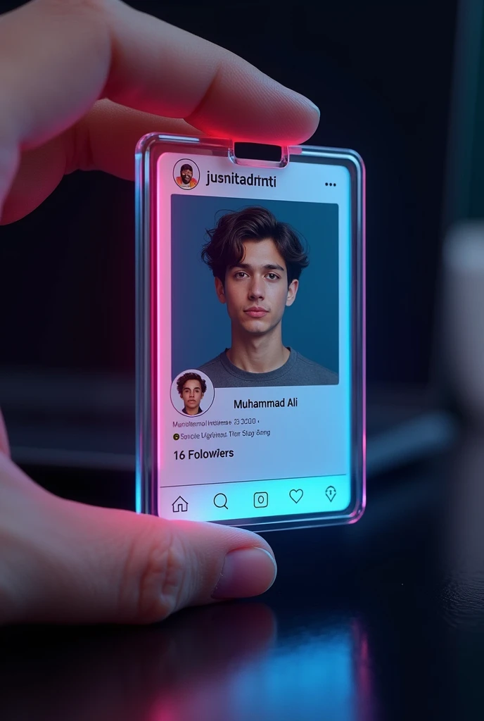 Create a Instagram profile on glass id card on a Black desk displaying Instagram logo and realistic profile photo of a teenage boy in circle and " Muhammad Ali" is written in bold fonts under the profile photo and 16 Followers written, the Instagram card is glowing in pink and blue color on the edge, One corner is held with two fingers