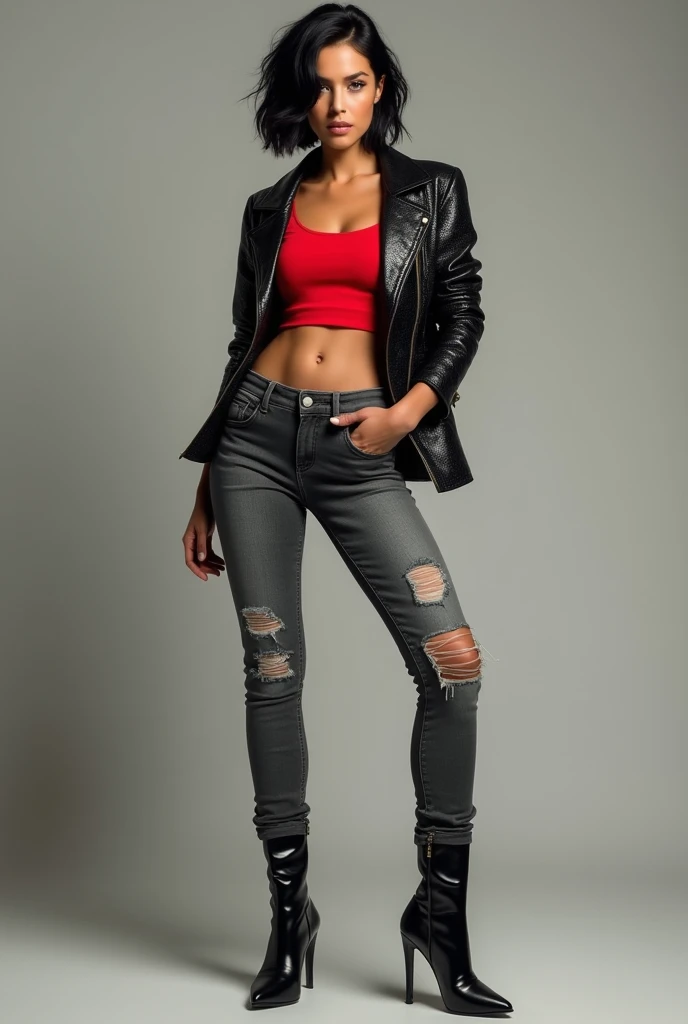 Brazilian girl, really short hair, tall, tomboy, dark-skinned, brown hair, grunge aesthetic, dark aesthetic, white crop-top, high-waisted black pants, white sneakers, stern, jujutsu kaisen, toned, full-body, reference art, walking