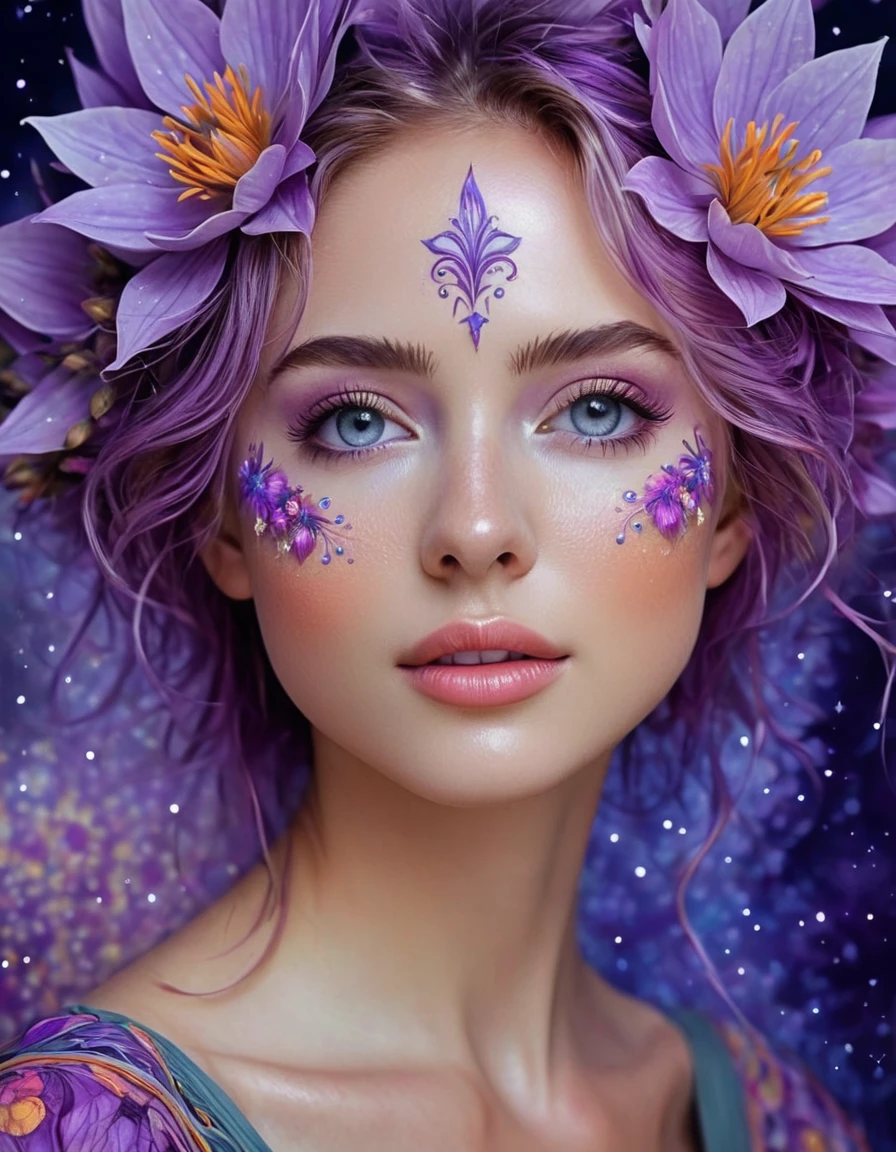 Watercolor Flowers , portraits, fantasy art, detailed features, vibrant colors, detailed  features, long flowers, subtle magical lighting, three side view, 1 side potrait,2 side close, 3 side in the batlle, photo collage, soft purple, film grain, detailed pores and wrinkles on the skin film grain, detailed pores and wrinkles on the skin, detailed elf village in backfround, full of stars sky, zentangle 