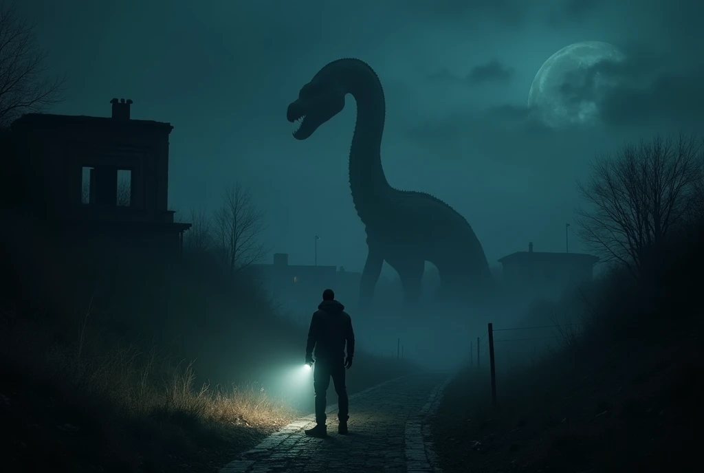 No lights late at night、Back view of a man holding a flashlight、There is a huge snake-like monster in the distance、ruins、phantom、gloomy、Reality、Movie