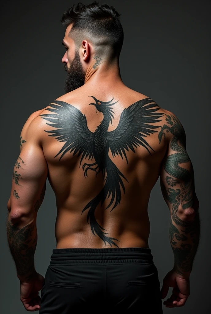 dark man, brawny, with a goatee, with a phoenix tattooed on his left rib and a dragon tattooed on his back