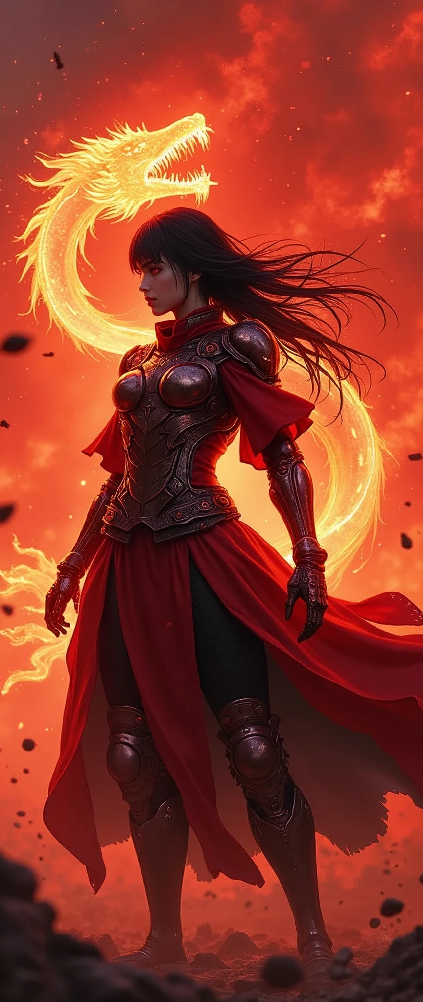 (masterpiece:1.2, Highest quality,High resolution,Super detailed),8k,wallpaper,(Very detailed),(Armored Core Style),Woman in ninja robot armor,Black Hair,Random Hairstyles,(Flame Ninja),(Red body),(Detailed face:1.3),(Detailed body:1.3),(Cowboy Shot:1.6),(The background is a red battlefield with a translucent dragon made of summoned flames.:2.0),Hair blowing in the wind,cyber punk,(dynamic),(Preparing for battle,Summoning Ninjutsu:1.2,The electronic parts of the armor glow.:1.6),(Detailed hands:1.6),(Flashy special move effects:2.0)