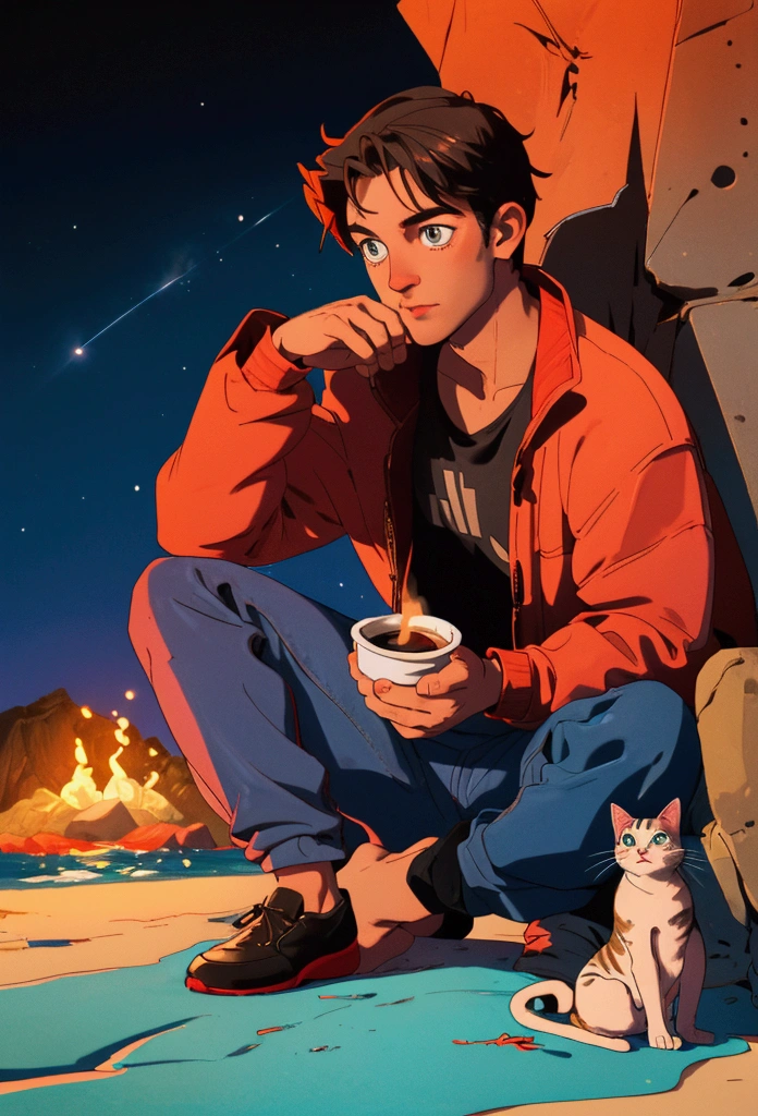 Create a man on the sand at the beach sitting on a rock in front of the fire roasting marshmallows and drinking a cup of hot coffee. In the company of your pet cat who is looking at the shooting stars in the sky 