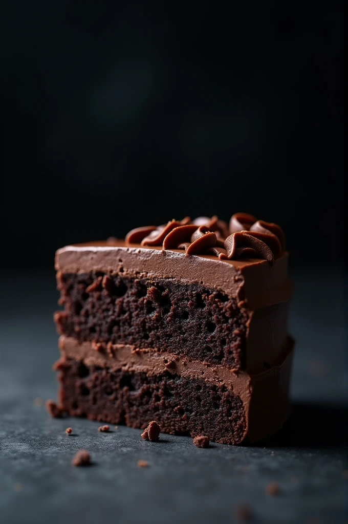 cinematic film still chocolate, chocolate cake, dark background, quality photo, moist texture, frosting, studio photo, slice . shallow depth of field, vignette, highly detailed, high budget, bokeh, cinemascope, moody, epic, gorgeous, film grain, grainy