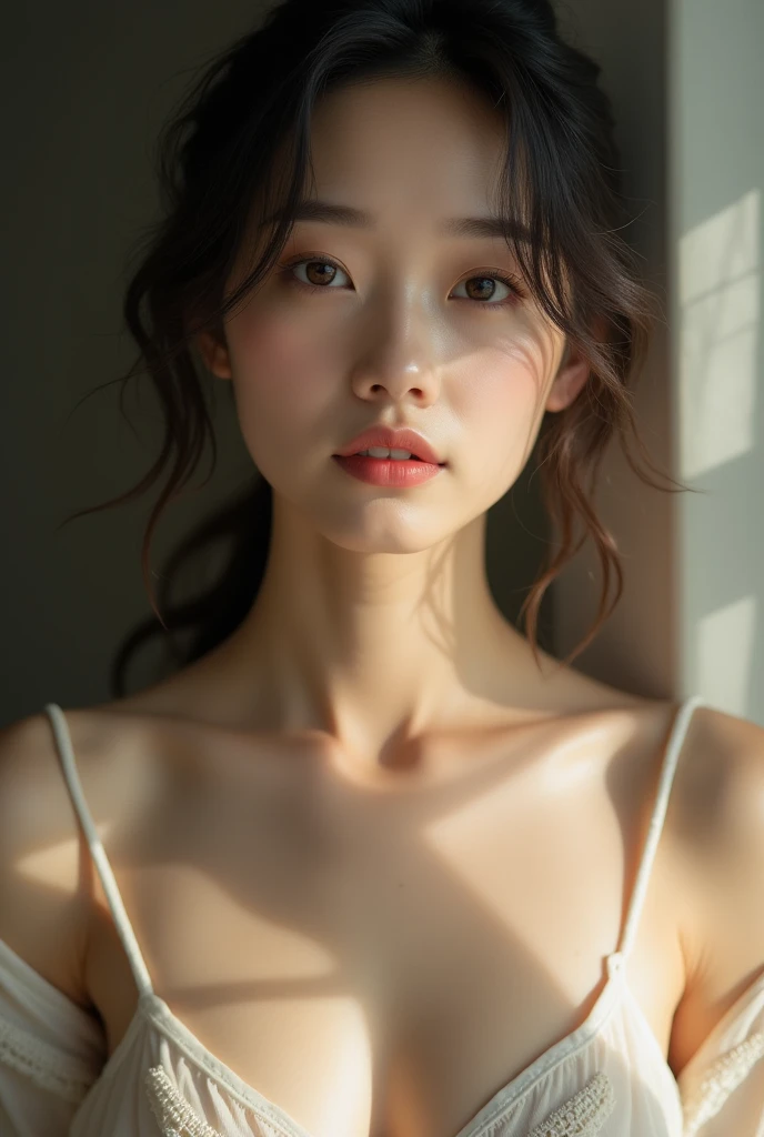 An elegantly dressed Japanese woman in natural light、A close-up of her chest and calm expression.、It shows her inner peace and outer charm.。nsfw.NUDE