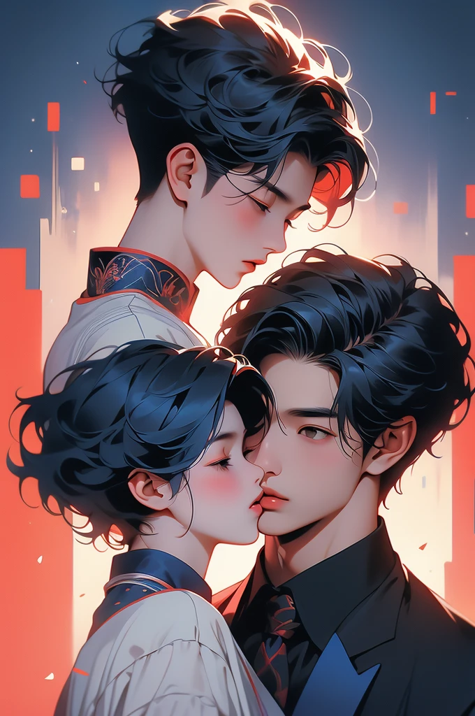 an asian man and woman kissing each other as a red and blue background is behind them, black hair, 1boy, short hair, 1girl, kiss