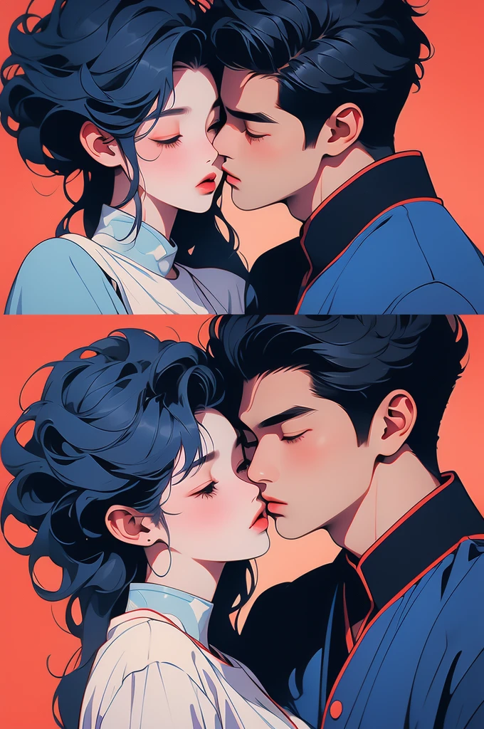 an asian man and woman kissing each other as a red and blue background is behind them, black hair, 1boy, short hair, 1girl, kiss