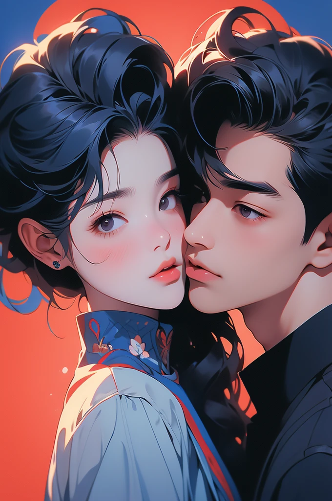 an asian man and woman kissing each other as a red and blue background is behind them, black hair, 1boy, short hair, 1girl, kiss
