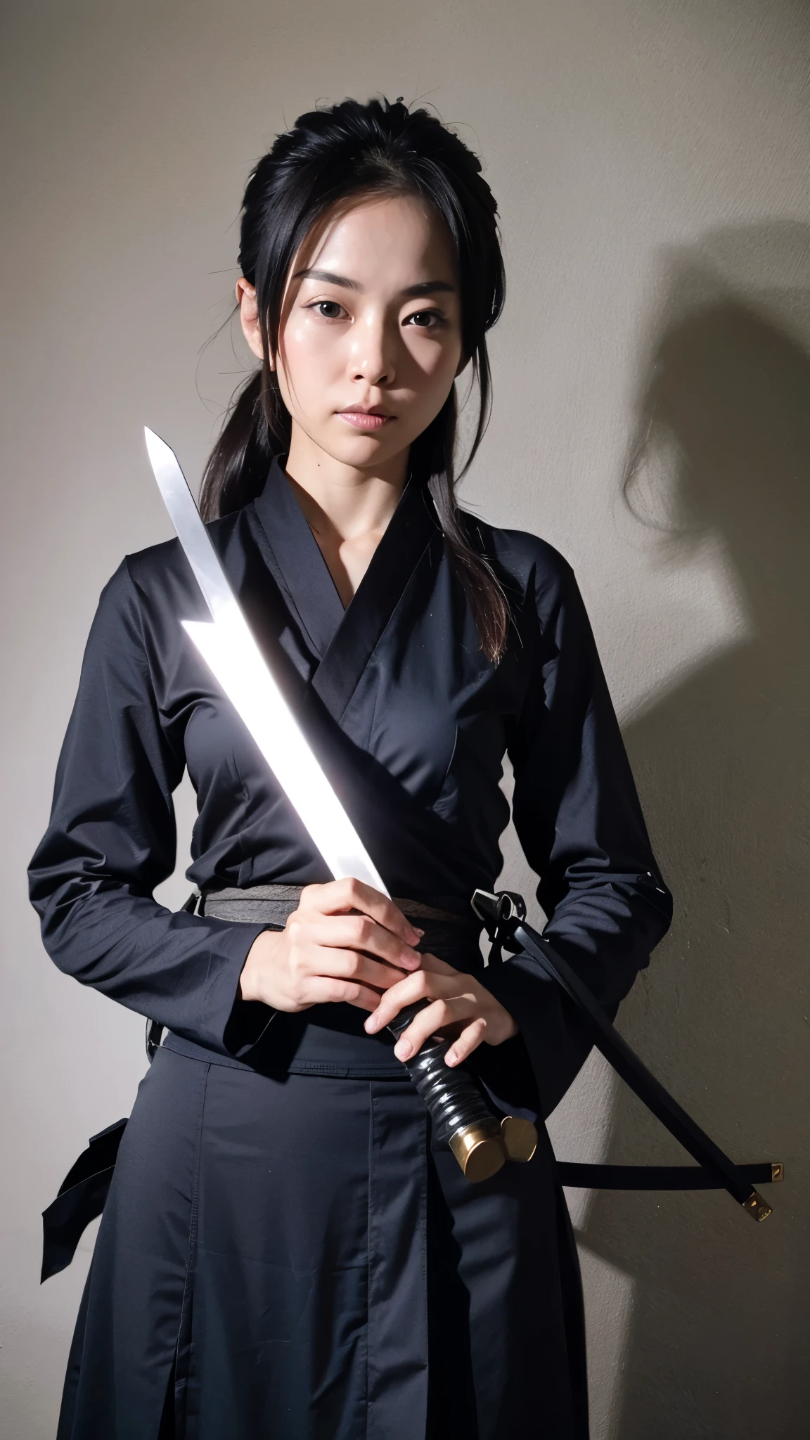 Highest quality realistic photos, Beautiful female ninja from the Sengoku period, Black clothes, Holding a small sword