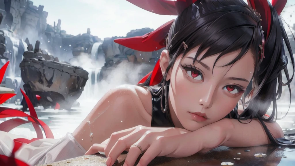 rew foto(masterpiece, best quality), intricate details, 8k, artstation, wallpaper, official art, screensaver, sharp focus, 1girl, ha Yuriy Zakhard Niji Emote, portrait, chibi, red eyes, shoulders updetailed fingers,beautiful hands, bathing naked in hotspring at night full of stars