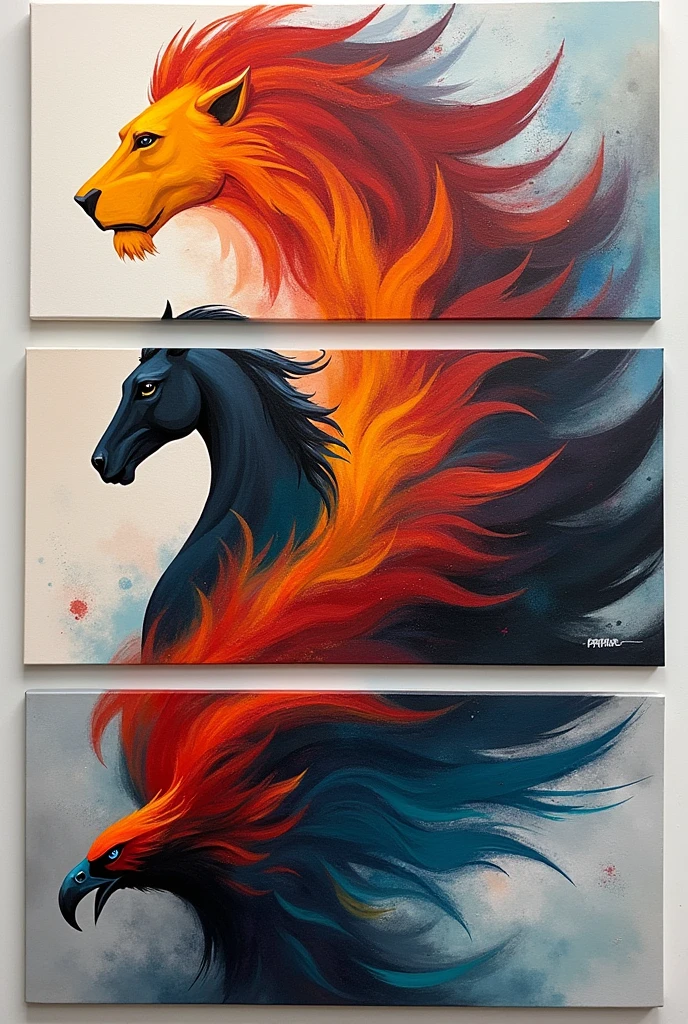 Three pieces of canvas poster, Modern Art, abstract lion painting, the horse and the eagle 