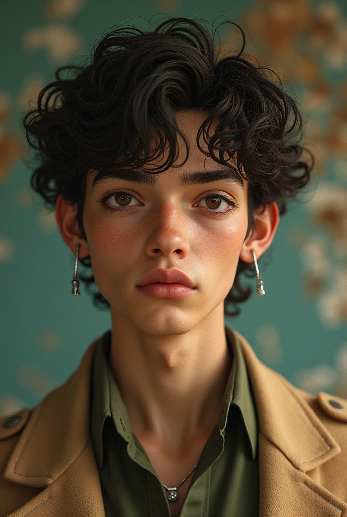 Boy 1.70 tall, moreno, slanted eyes, thick eyebrows and lips, curled eyelashes, curly hair, a bit vintage style.