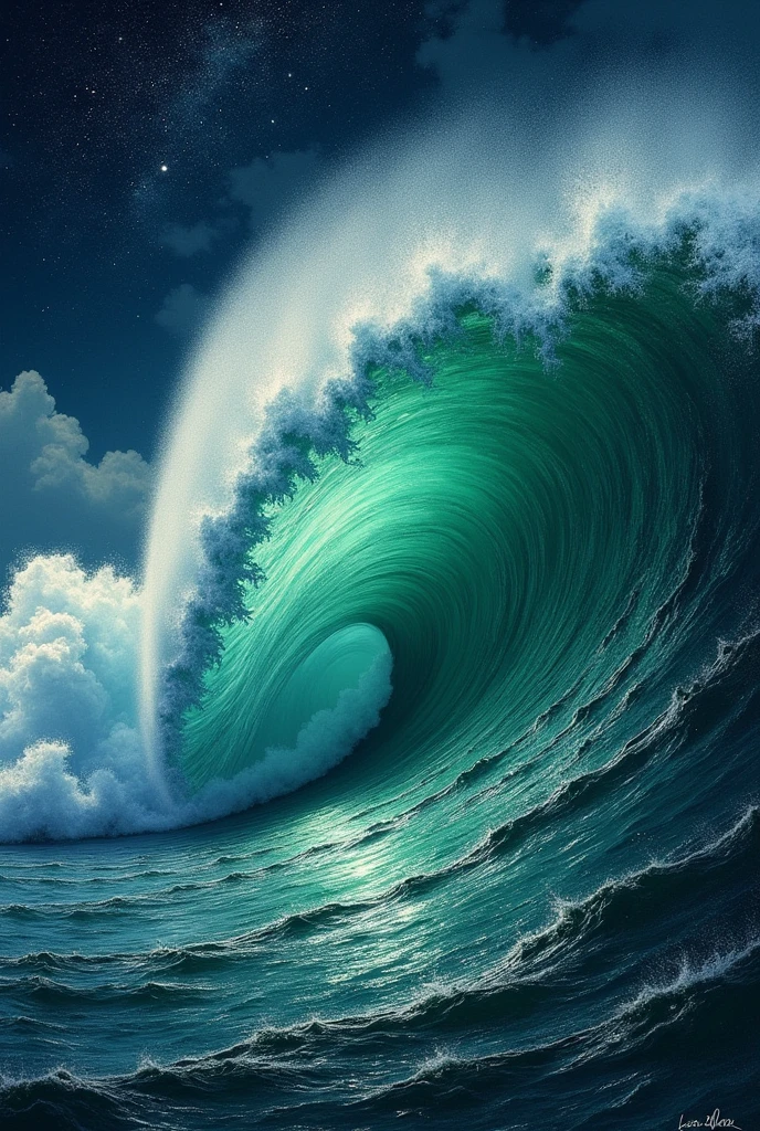 A painting of wave crushing into the ocean, green sea, starry night, clouds. Hyper-Realistic, very detailed, ultra-sharp