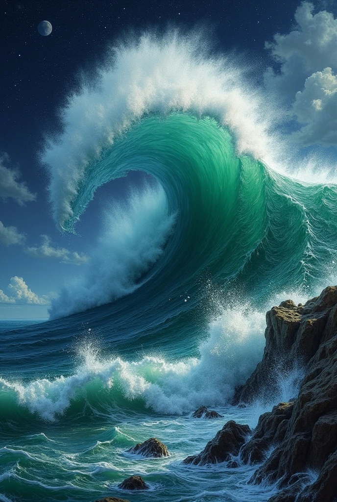 A painting of wave crushing into the ocean, green sea, starry night, clouds. Hyper-Realistic, very detailed, ultra-sharp
