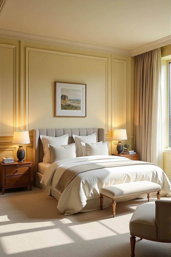 A bedroom with light yellow color palettes , a sophisticated room well designed and decorated in the right way 