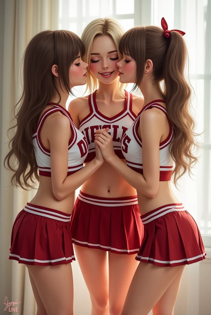 extremely detailed picture of 4 cute cheerleader girls kissing in short skirts showing panties