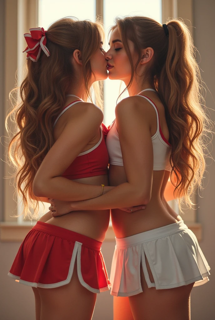 extremely detailed picture of 4 cute cheerleader girls kissing in short skirts showing panties