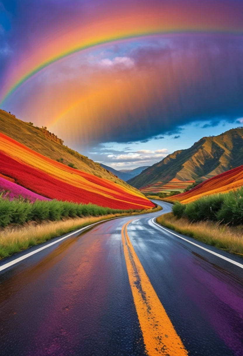 Imagine driving along a winding road through a valley where the landscape shifts with every curve. The sky above is a swirling tapestry of colors—vivid oranges, deep blues, and soft purples—that blend seamlessly into each other like a living painting. The valley floor is dotted with crystalline formations that catch and refract the sunlight, creating a rainbow effect on the road ahead. The surrounding hills are covered in lush, glowing flora that seems to pulse with the rhythm of the changing sky, making each moment on this drive feel like stepping into a dream.