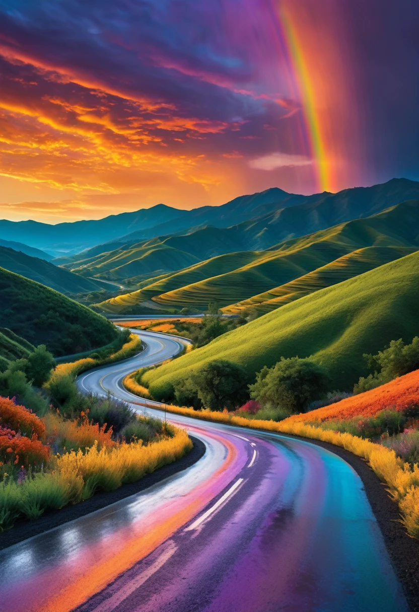 Imagine driving along a winding road through a valley where the landscape shifts with every curve. The sky above is a swirling tapestry of colors—vivid oranges, deep blues, and soft purples—that blend seamlessly into each other like a living painting. The valley floor is dotted with crystalline formations that catch and refract the sunlight, creating a rainbow effect on the road ahead. The surrounding hills are covered in lush, glowing flora that seems to pulse with the rhythm of the changing sky, making each moment on this drive feel like stepping into a dream.