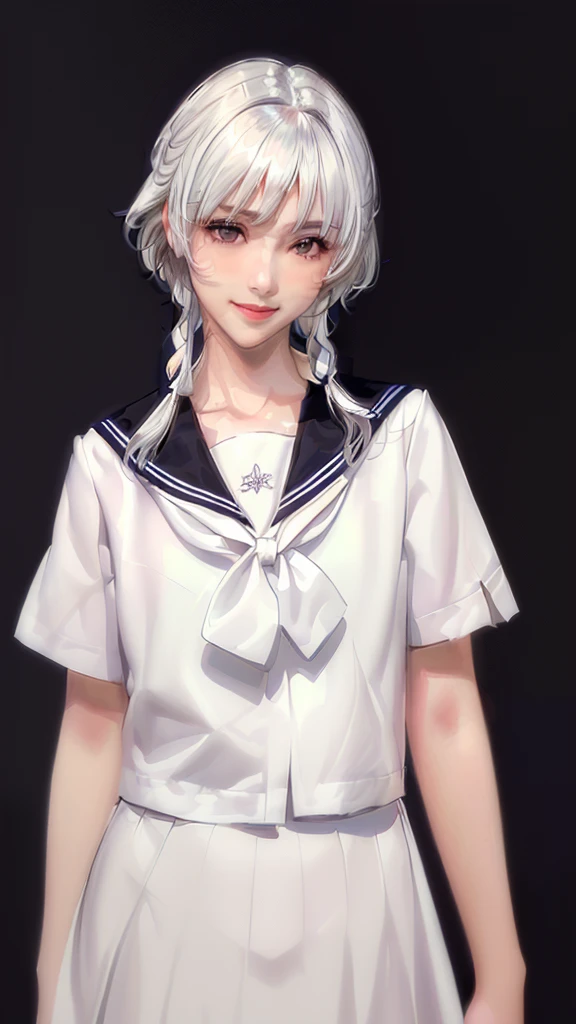 (((Perfect body,White and tender skin,(((JK_style,short-sleeved JK_shirt,short-sleeved JK_sailor,JK_suit,JK_tie ))),(((sui-feng, short hair, short hair with long locks,Black hair))),((masterpiece)),high resolution, ((Best quality at best)),masterpiece,quality,Best quality,((( Exquisite facial features,Looking at the audience,There is light in the eyes,Smile))),))),(((Light and shadow,Small chest,))),(((Looking at the camera,black background,)))),