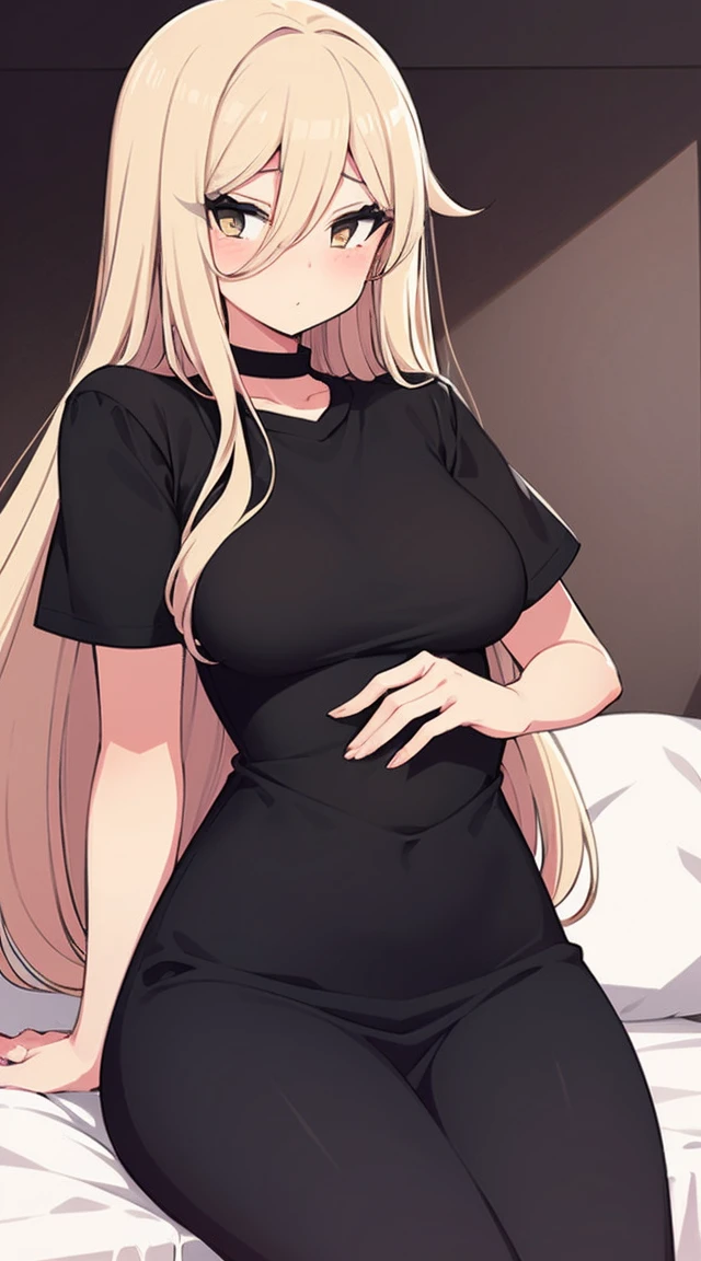 a beautiful girl, with medium breasts and pronounced hips, with long, loose yellow hair and gray eyes. He wears a tight black college uniform.. She is sitting on a bed, looking with a little annoyance at the viewer.