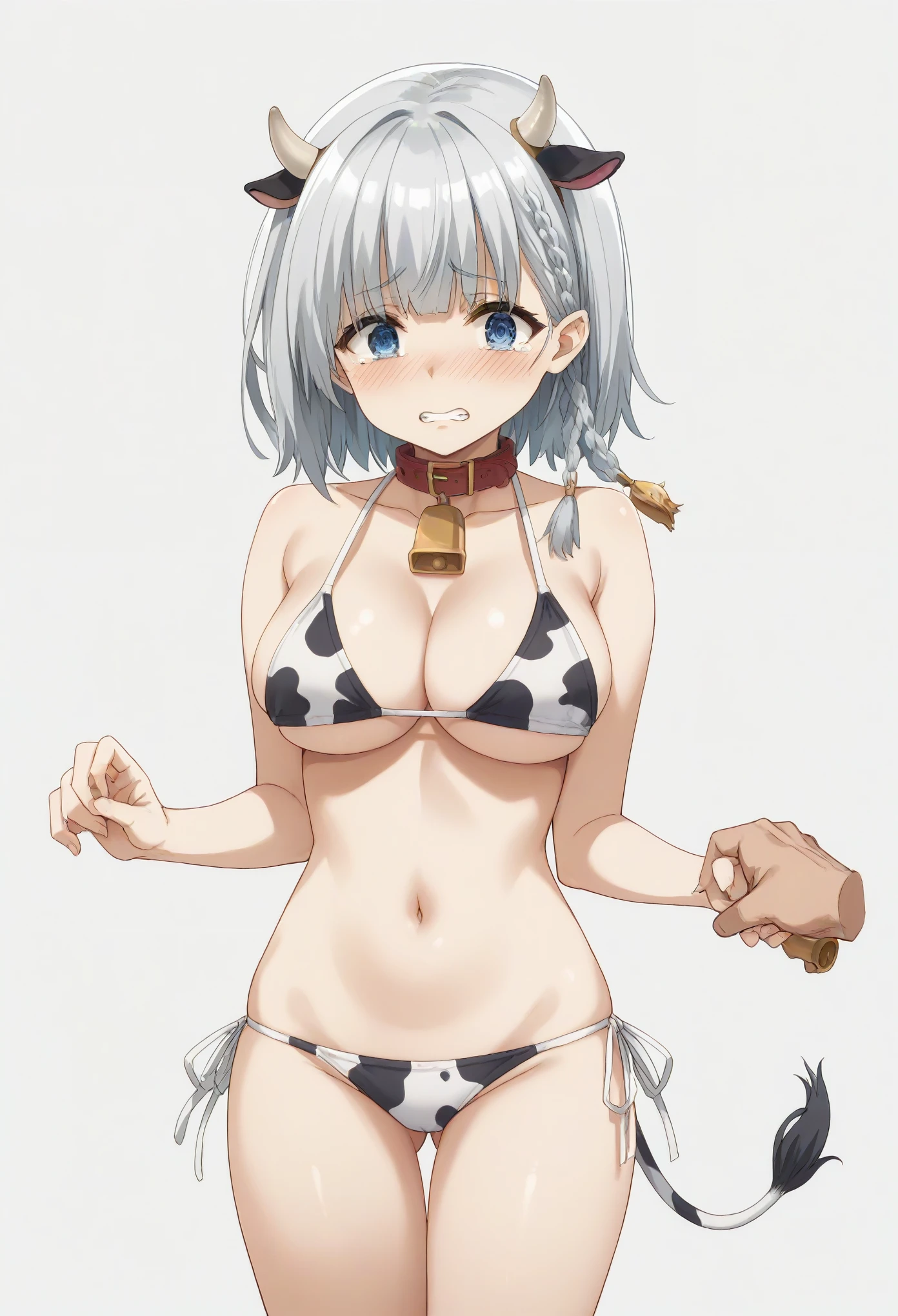 1girl,solo,beta,full body, short hair, blue eyes, braid, grey hair,large breast,((cow girl bikini,collar,cow bell,cow band horns)),((plain white background)),blush,embarassment,blush over whole face,cry,holding back cry,tears,looking away,cleanched teeth,looking down
