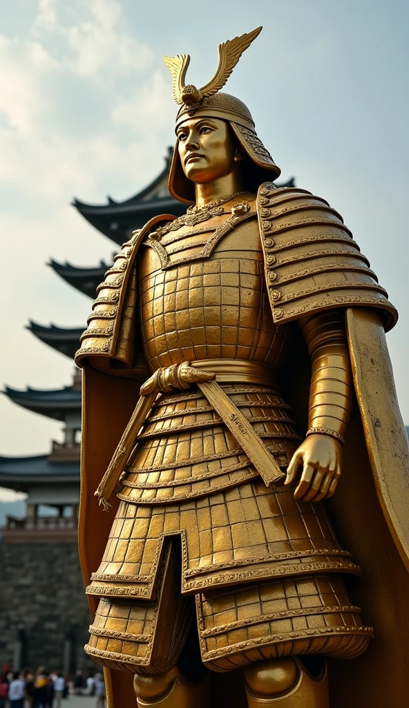 Golden statue of Oda Nobunaga（The statue is１Only one）、Gifu Castle in the background、high resolution、Masterpiece