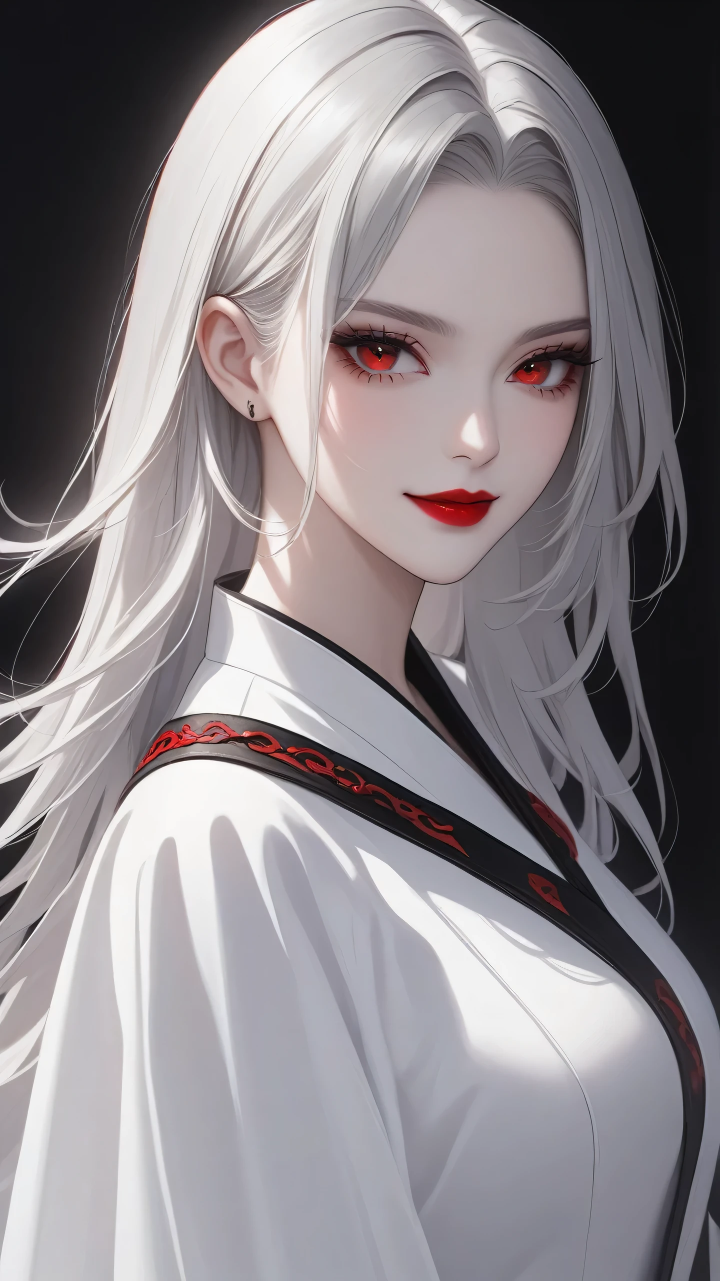 highest quality、masterpiece、1 girl、black background、gray hair:1.5、red eyes、red lips、white clothes、Black and white world、Black and white world、pale skin、side blade, evil smile 