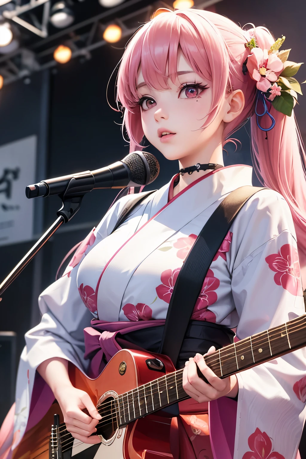 masterpiece, best quality, very detailed, high resolution, expensive resolution, high resolution, 4K, 8k, Unity 8k wallpaper, highly detailed CG, masterpiece, 2D, 3D, beautiful details, depth, fine texture, best quality: 1.3, perfect focus, crispy skin, he,
Very cute anime girl, girl playing guitar vocals in a band wearing a Japanese fancy floral haori hakama, on outdoor stage, full body, expensive pink  twin tail hair, mole under eye, looking at the viewer, expensive, blush, mole, lips open, , heart choker, pink eyes, guitar vocals, stage