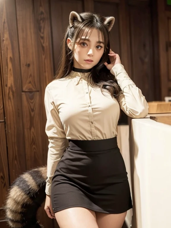 ((Highest quality, 8k)), ((masterpiece)), (Highest Resolution), Perfect Face, Raccoon-eared woman, Female college student, Beautiful woman, public, One tail, she has thick thighs, Big raccoon tail, She has a brown raccoon tail., She sticks out her tail, Troubled face, Fur collar, She is wearing a short skirt, Beautiful Hips , Big Breasts, The skirt is rolled up with a big tail