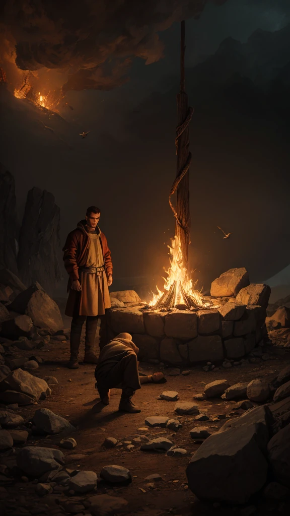 Image of Elijah on Mount Carmel. weather-beaten clothing. with the crowd of the people of Israel looking at Elijah. Illustration of Elijah as he prayed to God and fire fell from heaven on the altar during the reign of Ahab. perfect composition, beautiful and intricate and insanely detailed high octane rendering, trending art season, 8k art photography, photorealistic concept art, perfect cinematic volumetric natural soft light, chiaroscuro, twilight, Artwork by Taras Susak. Character design. Artstation. Color palette. Cinematic and dramatic lighting. 8k.