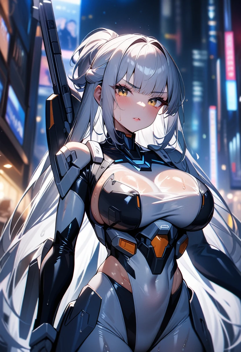 1girl,solo,super detailed skin,shiny skin,wet oily skin,serious face,eyelashes,lips gloss,silver hair,hime cut,half updo,straight hair,large breasts,beautifully shaped breasts,silver mecha suit,mecha musume,holding mechanical huge sword,night city,masterpiece,best quality,ultra detailed,high resolution,sharp focus,depth of field,