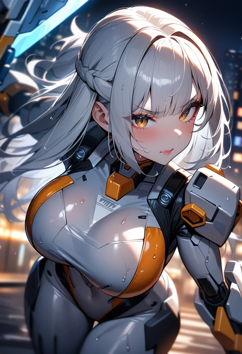 1girl,solo,super detailed skin,shiny skin,wet oily skin,serious face,eyelashes,lips gloss,silver hair,hime cut,half updo,straight hair,large breasts,beautifully shaped breasts,silver mecha suit,mecha musume,holding mechanical huge sword,night city,masterpiece,best quality,ultra detailed,high resolution,sharp focus,depth of field,