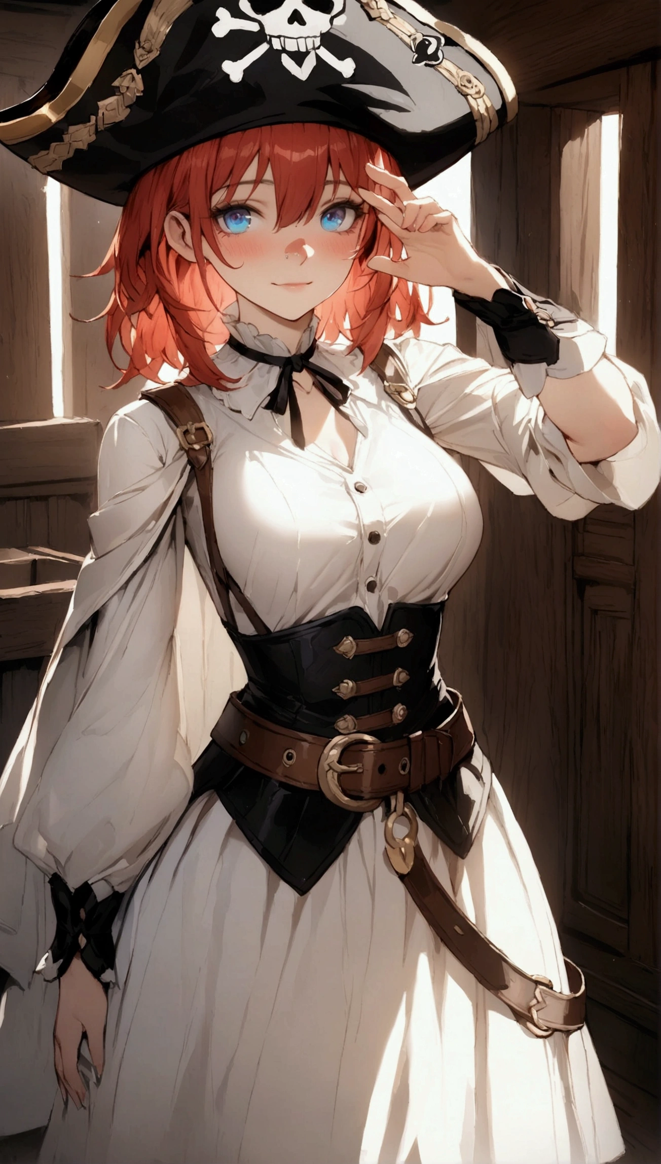 (Masterpiece. The best quality. 8K. Sharp focus. Depth of field, The best shadows. Perfect lighting. HDR. Realistic skin texture. Ultra-detailed background. Detail). Anime style. Honkai: Star Rail. March 7. 1 girl. Fiery red hair, short hair. Azure blue eyes, beautiful eyes, beautiful eyes, expressive eyes. Beautiful nose, perfect facial features. Perfect anatomical body, slender figure, second size breasts, beautiful breasts, thin waist, rounded hips, beautiful long legs. Pirate hat, white blouse, pirate pants, Uniform cloak, shoulder straps with the Jolly Roger, knee-high boots, wide belt at the waist. Cold. Runny nose. Snot. Nasal mucus. Sneezes. Covers nose with hands. Slight blushing, embarrassment. Feet shoulder-width apart. Standing in the captain's cabin. Standing at full height. Concept art. Looking at the viewer. Full-length. Full body.