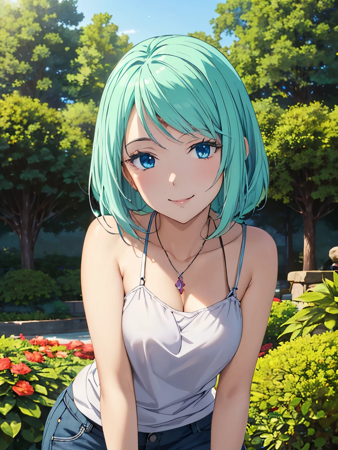 Highest quality、High resolution、whole body、One Girl、Miulan、 Green Hair、Shortcuts、camisole、Shorts、sexy、Beautiful and attractive blue eyes、Highly detailed face、smile、Mouth closed、smile,garden,Private Server、4K,8k,Extremely detailed CG、High resolution、超High resolution, Perfect lighting, Extremely detailed CG、Physically Based Rendering、(Genuine、Realisticな、Realistic)、(Anime illustration style:1.3)、Standing,Beautiful thighs、