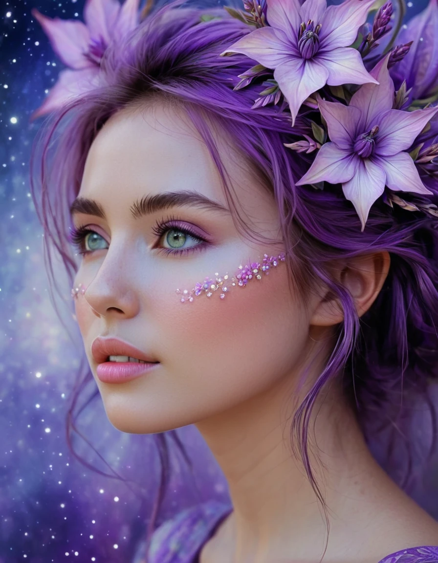 Watercolor Flowers , portraits, fantasy art, detailed features, vibrant colors, detailed features, long flowers, subtle magical lighting, three side view, 1 side potrait,2 side close, 3 side in the batlle, photo collage, soft purple, film grain, detailed pores and wrinkles on the skin film grain, detailed pores and wrinkles on the skin, detailed elf village in backfround, full of stars sky, zentangle