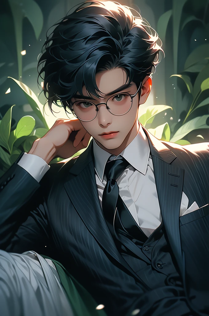 a asian gentleman dressed in black tie lying on green carpet on floor, 1boy, male focus, solo, necktie, blue necktie, black hair, formal, suit, shirt, looking at viewer