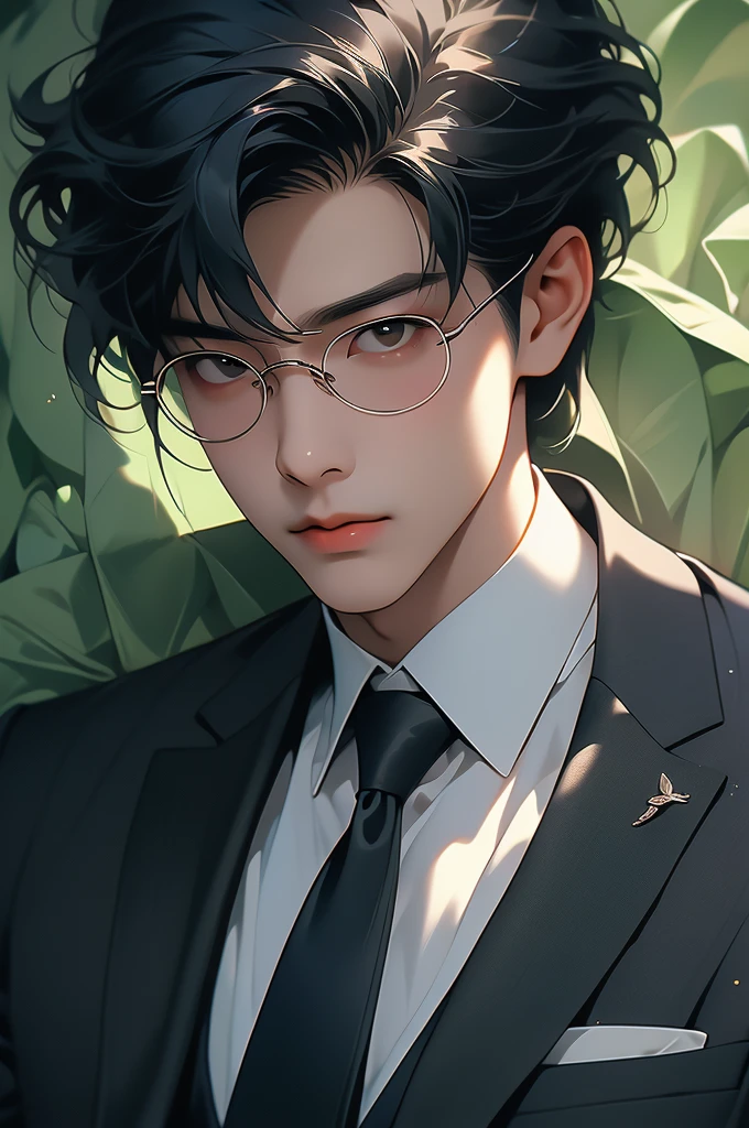 a asian gentleman dressed in black tie lying on green carpet on floor, 1boy, male focus, solo, necktie, blue necktie, black hair, formal, suit, shirt, looking at viewer