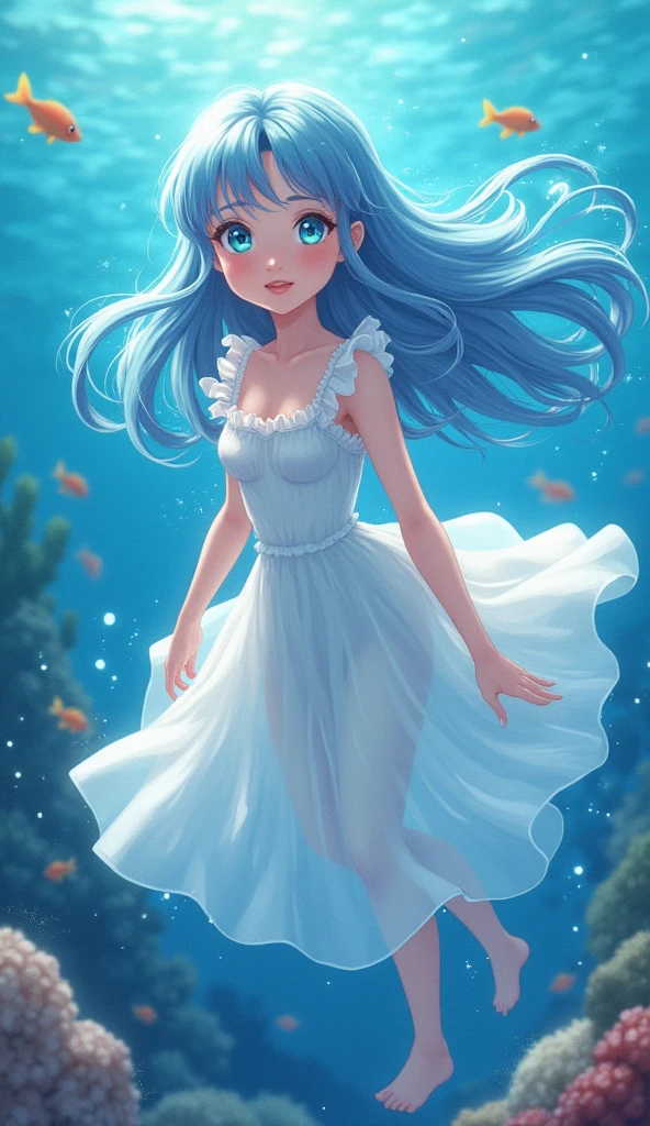Anime illustration、high quality、masterpiece、girl、Long hair light blue、Thin like silk thread、髪飾りはshell付け流、Eyes Blue、Your eyes sparkle with white stars、The outfit is a white organza dress.、Ruffled、Small breasts、Fingers and toes precisely、The body is not transparent、13 years old、Swimming in the sea、No shoes on、The Little Mermaid、No fish tail、The background is in the sea、Kelp、shell、Small fish、coral、A lot of water bubbles、Picture by a picture book author、Paintings by people who have won many art awards
